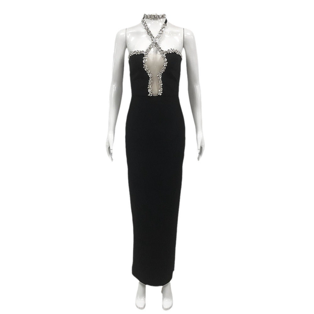 AIIZIE DIAMOND-EMBELLISHED HALTERNECK FITTED BANDAGE MAXI DRESS BLACK - product image