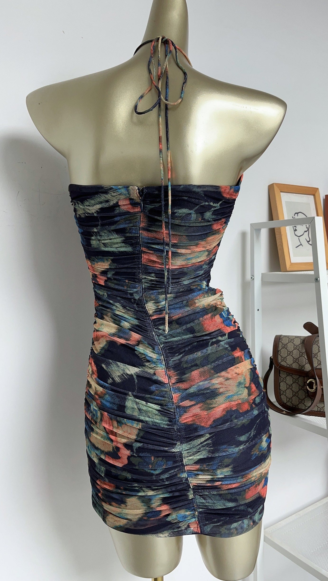 MULTICOLOR FLORAL PRINT PLEATED BODYCON MINI DRESS