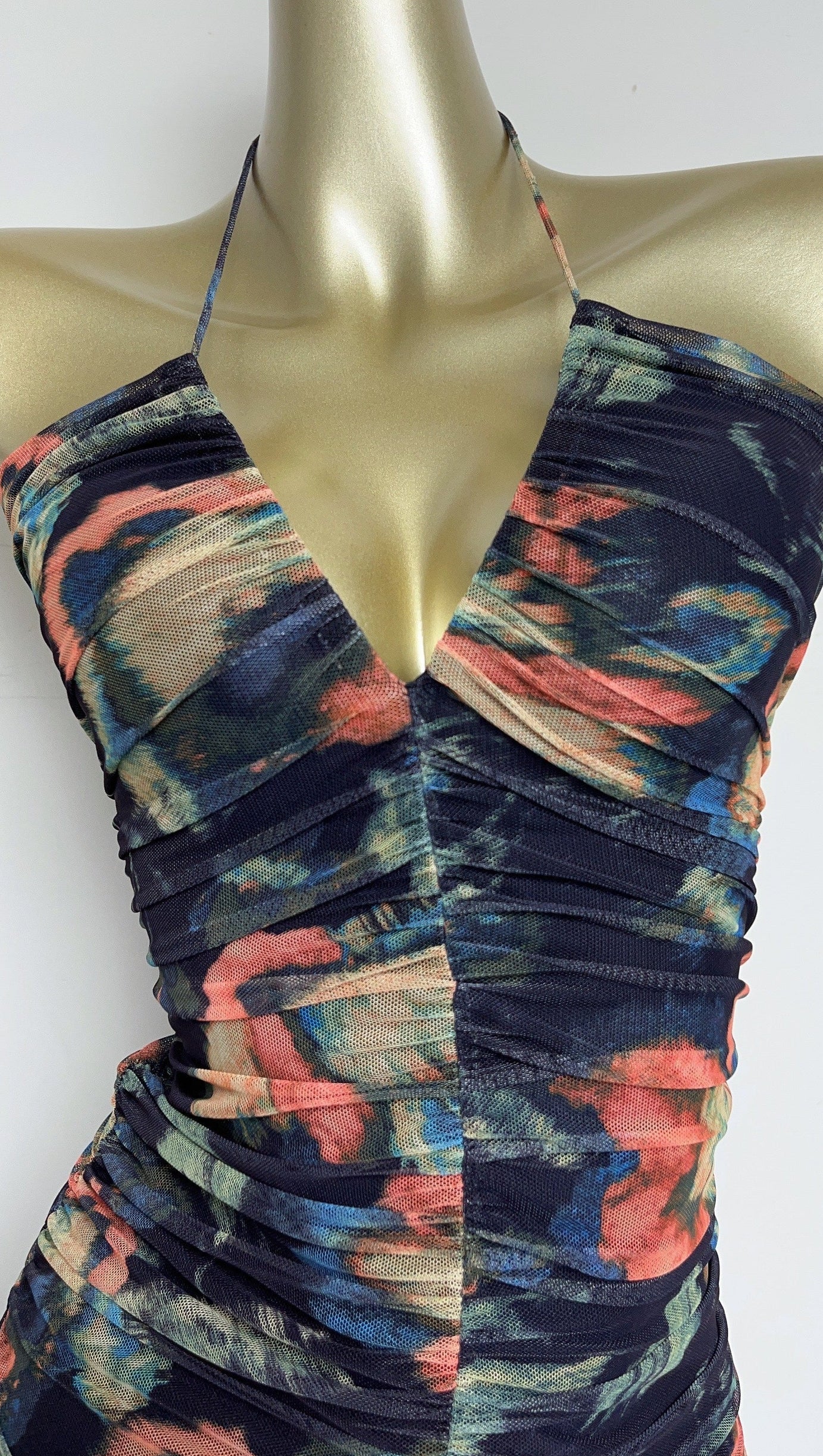 MULTICOLOR FLORAL PRINT PLEATED BODYCON MINI DRESS