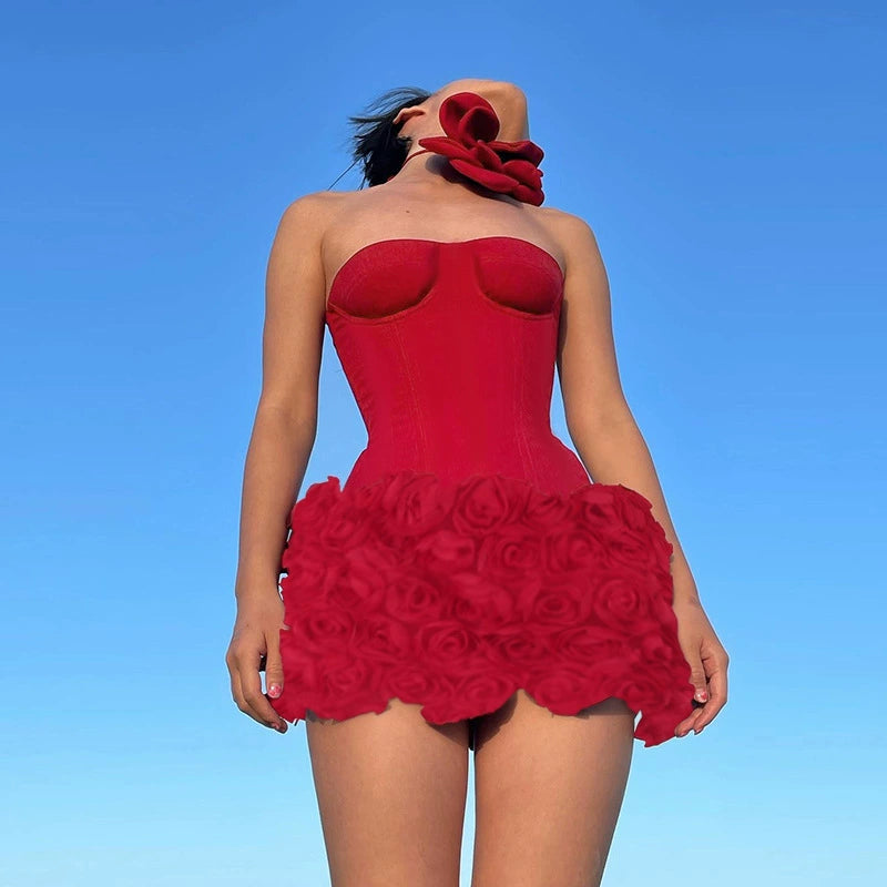 ANGELA RED FLOWER-TRIM EMBELLISHED STRAPLESS MINI DRESS