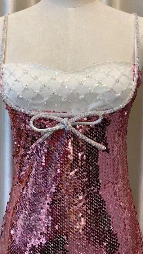 DAVINA SEQUINS DIAMANTE MINI DRESS IN PINK