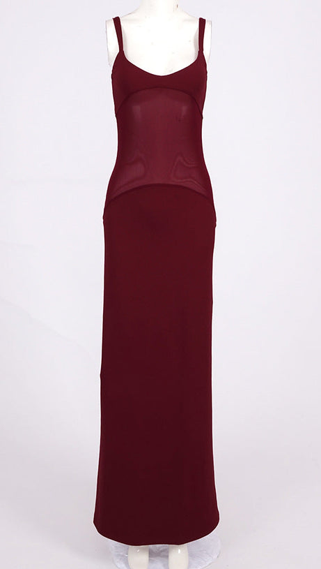 SHEER KNIT CURVE MAXI DRESS IN MERLOT