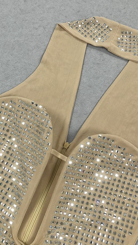 RHINESTONE MESH HALTER NECK MAXI DRESS