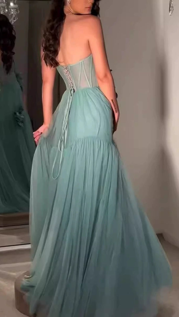 AIIZIE AALIYAH GREEN FLOWER EMBELLISH TULLE STRAPLESS MAXI DRESS - product image