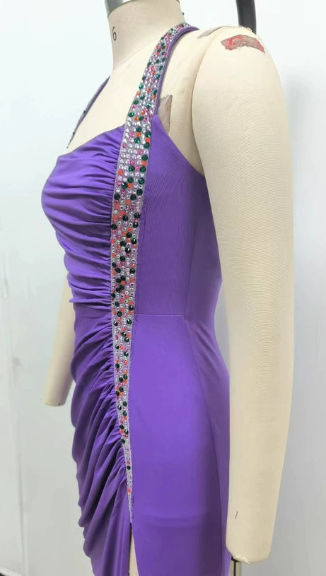 MULTICOLOR-PEARL EMBELLISHED PURPLE HALTER MAXI DRESS