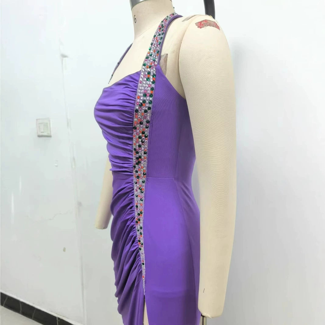 AIIZIE MULTICOLOR-PEARL EMBELLISHED PURPLE HALTER MAXI DRESS - product image