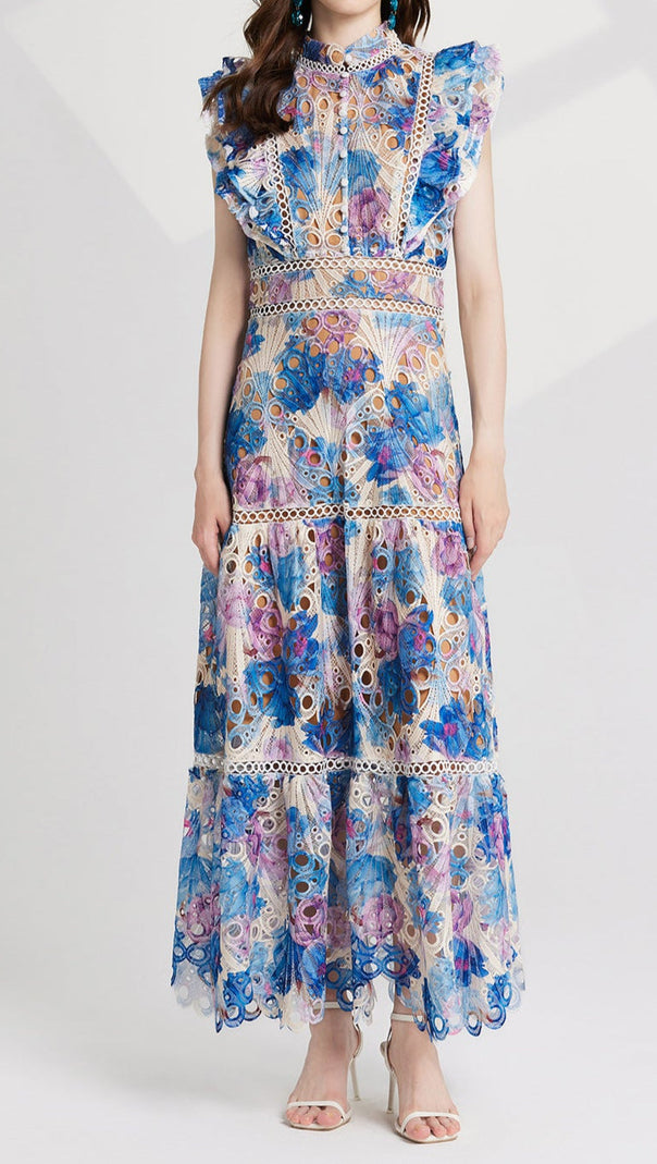 AIIZIE CHLOE HOLLOW OUT FLOWER EMBROIDERY MAXI DRESS IN BLUE - product image