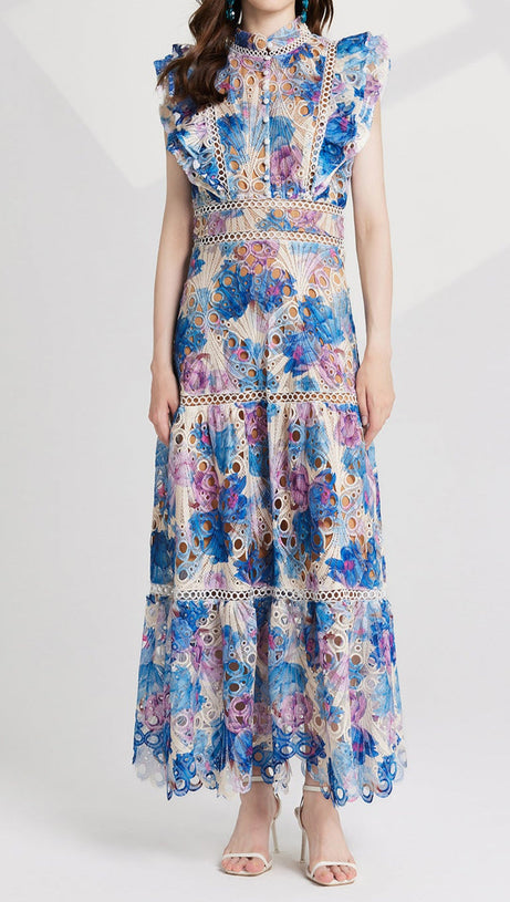 CHLOE HOLLOW OUT FLOWER EMBROIDERY MAXI DRESS IN BLUE