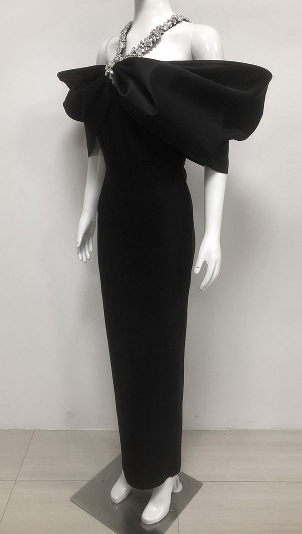 AIIZIE BLACK HEAVY DIAMOND HALTER MAXI DRESS - product image