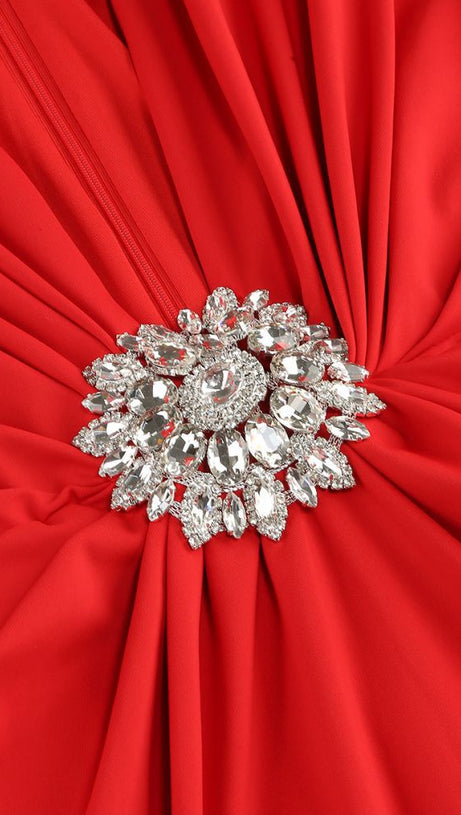 BERNICE LONG SLEEVE DRAPED EMBELLISHED MAXI DRESS IN RED