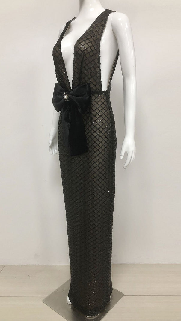 AIIZIE BOW DETAIL SEQUIN MAXI DRESS BLACK - product image
