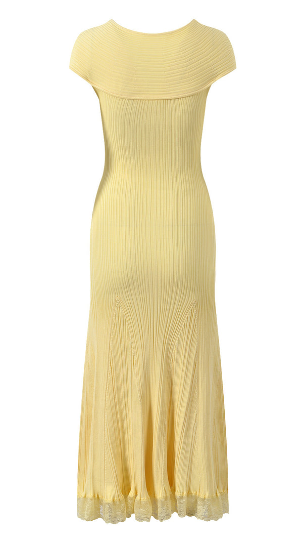AIIZIE Yellow Knit Lace-Insert Midi Dress - product image