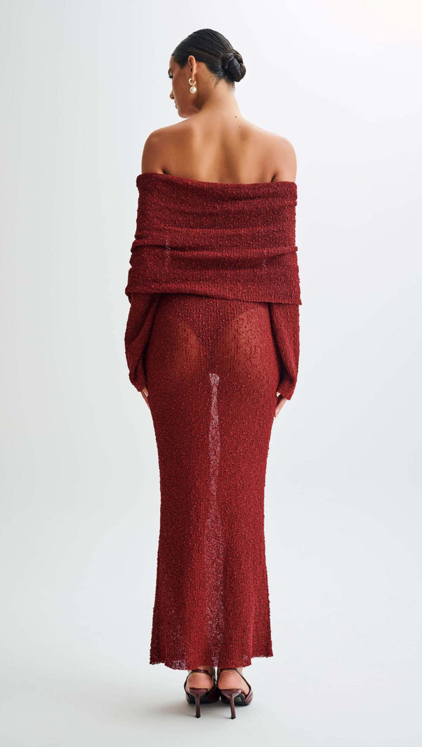AIIZIE WINE RED VACATION - STYLE KNITTED BACKLESS BOAT - NECK MAXI DRESS - product image