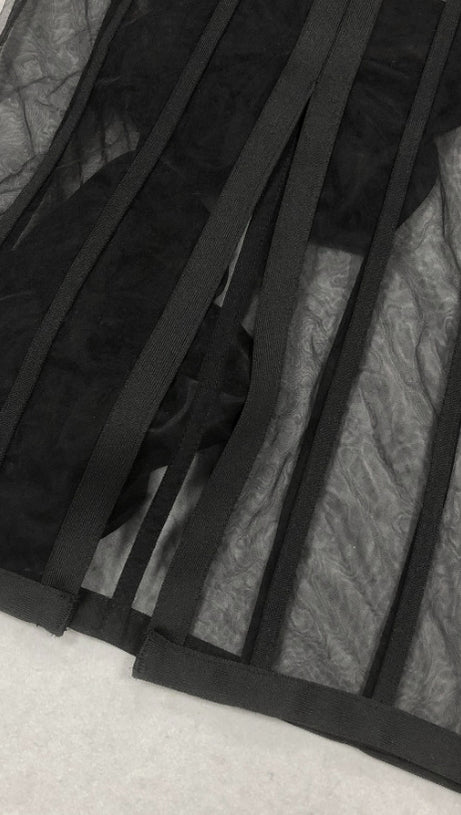 STRAPLESS FLORAL MESH BANDAGE DRESS MIDI DRESS BLACK