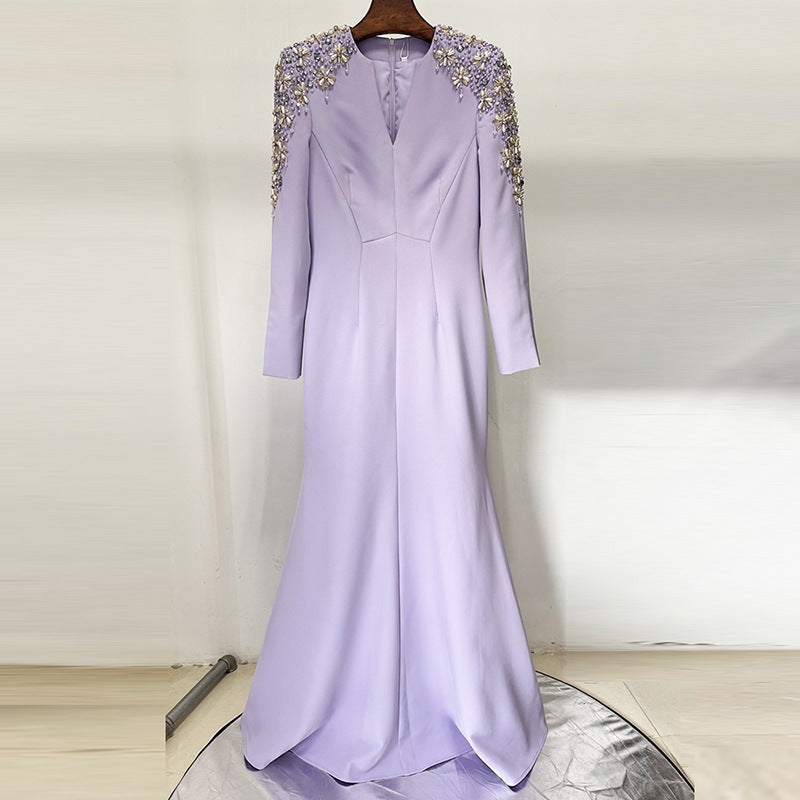 Lavender Beaded Mermaid Gown with Crystal Shoulder Accents