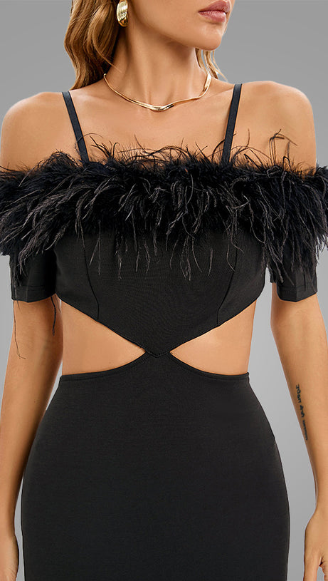 OFF-SHOULDER FEATHER PANEL BLACK DRESS