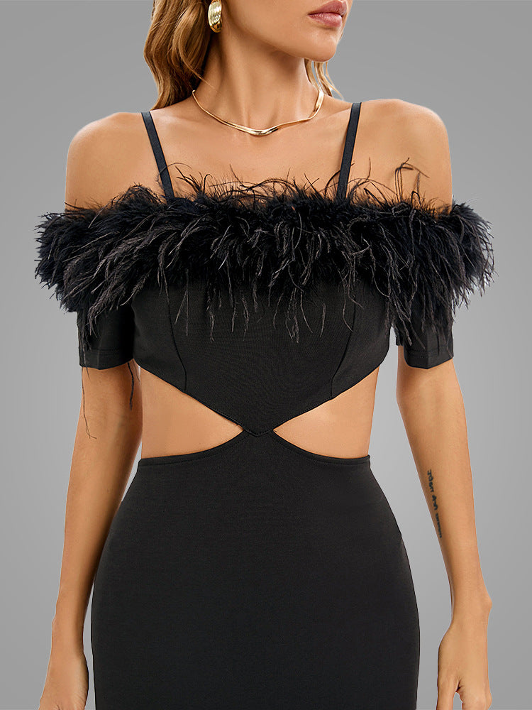 AIIZIE OFF-SHOULDER FEATHER PANEL BLACK DRESS - product image