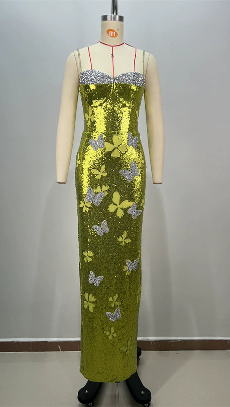 SEQUIN BOW PRINT BODYCON MAXI DRESS IN GREEN