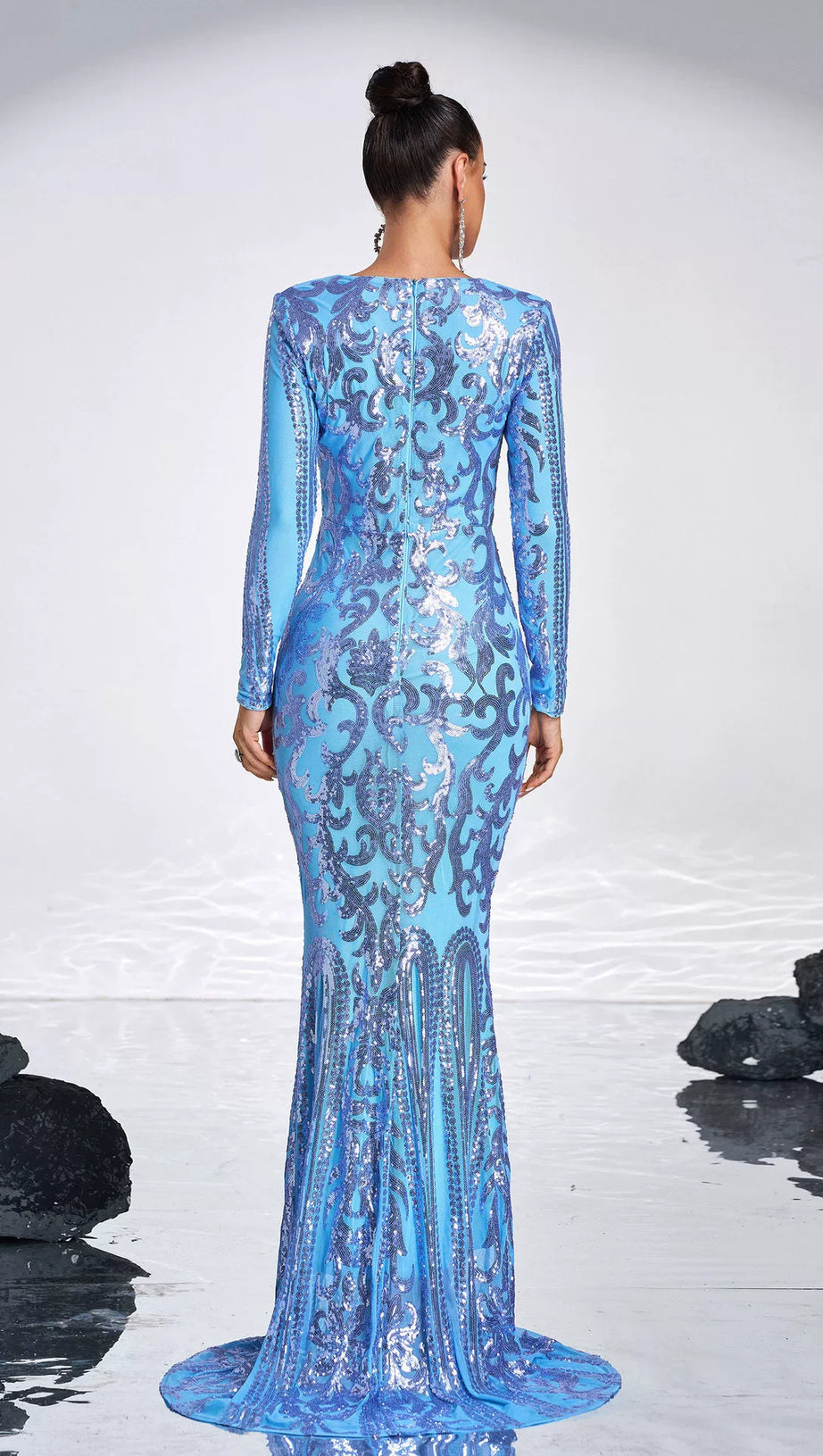 LONG SLEEVE SEQUIN MAXI DRESS IN BLUE
