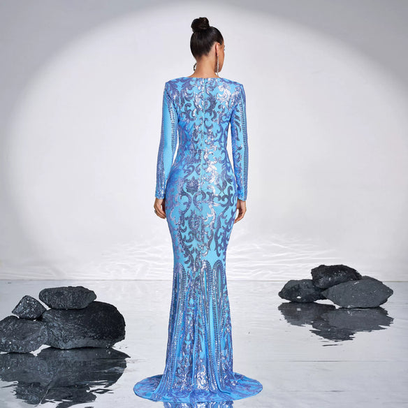 LONG SLEEVE SEQUIN MAXI DRESS IN BLUE