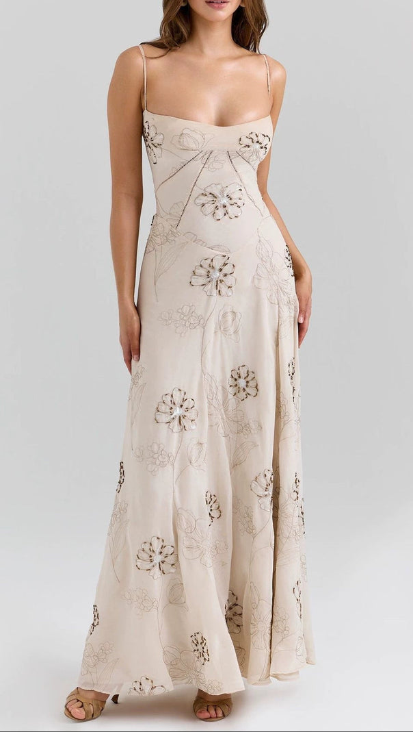 Vintage embroidered hollow slip maxi dress - white