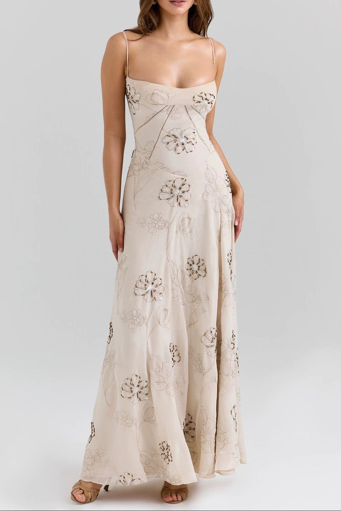 Vintage embroidered hollow slip maxi dress - white