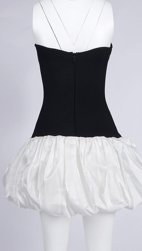 BUTTERFLY EMBROIDERED BODICE PUFFBALL MINI DRESS IN BLACK