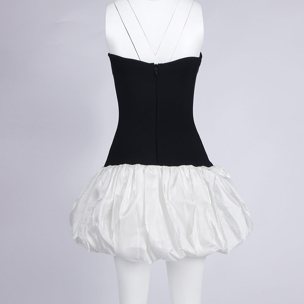 AIIZIE BUTTERFLY EMBROIDERED BODICE PUFFBALL MINI DRESS IN BLACK - product image