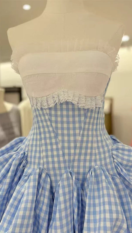 stephanie plaid strapless puffy mini dress - blue
