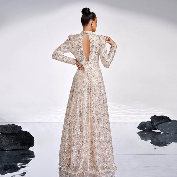 LONG SLEEVE LACE BACK SEQUIN MAXI DRESS IN GOLD