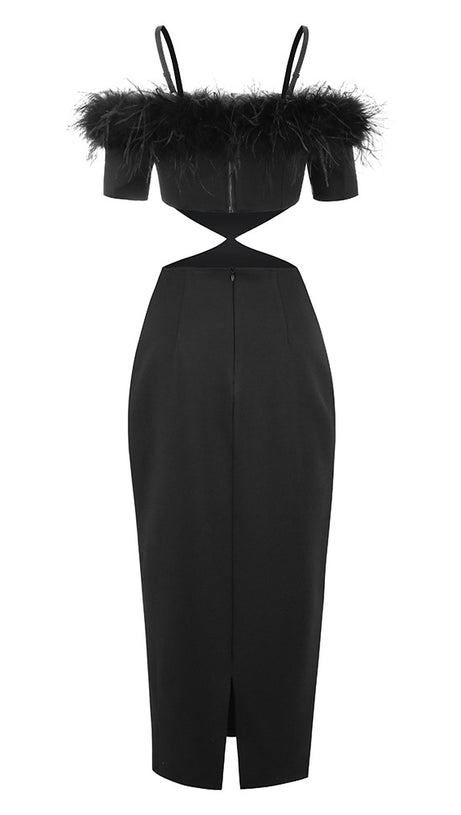 OFF-SHOULDER FEATHER PANEL BLACK DRESS