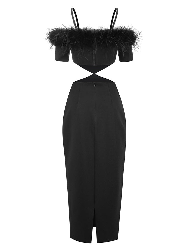 AIIZIE OFF-SHOULDER FEATHER PANEL BLACK DRESS - product image