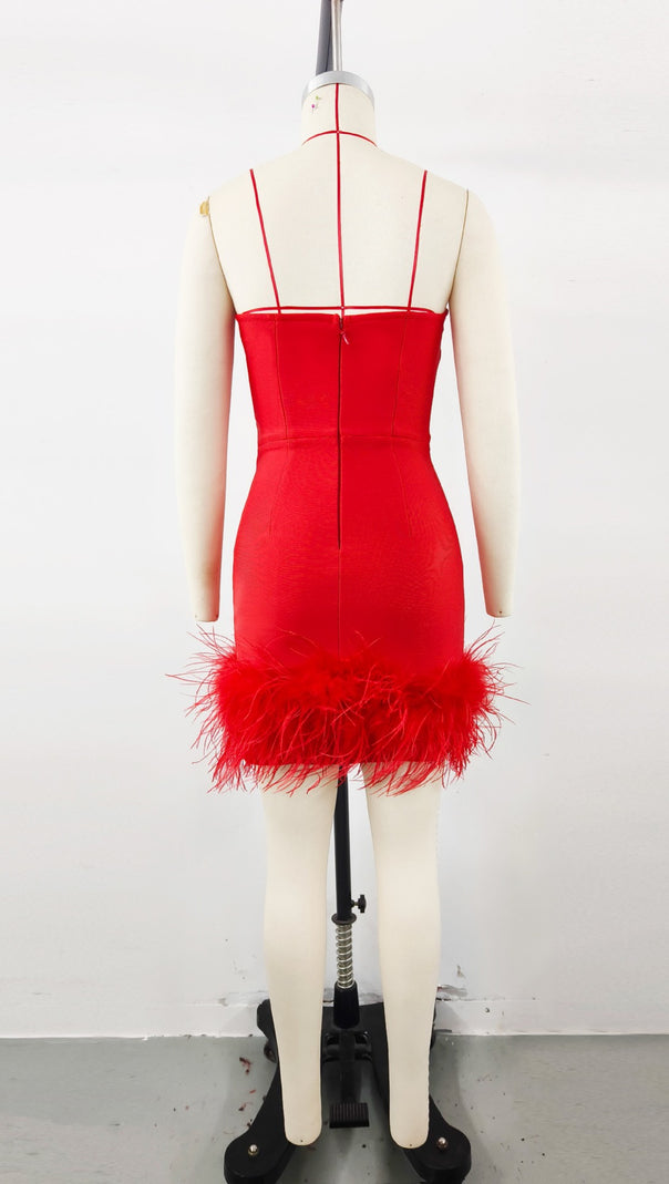 AIIZIE DEEP V TUBE TOP OSTRICH FEATHER HIP-WRAPPED MINI DRESS RED - product image