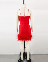 Deep V tube top ostrich feather hip-wrapped mini dress red