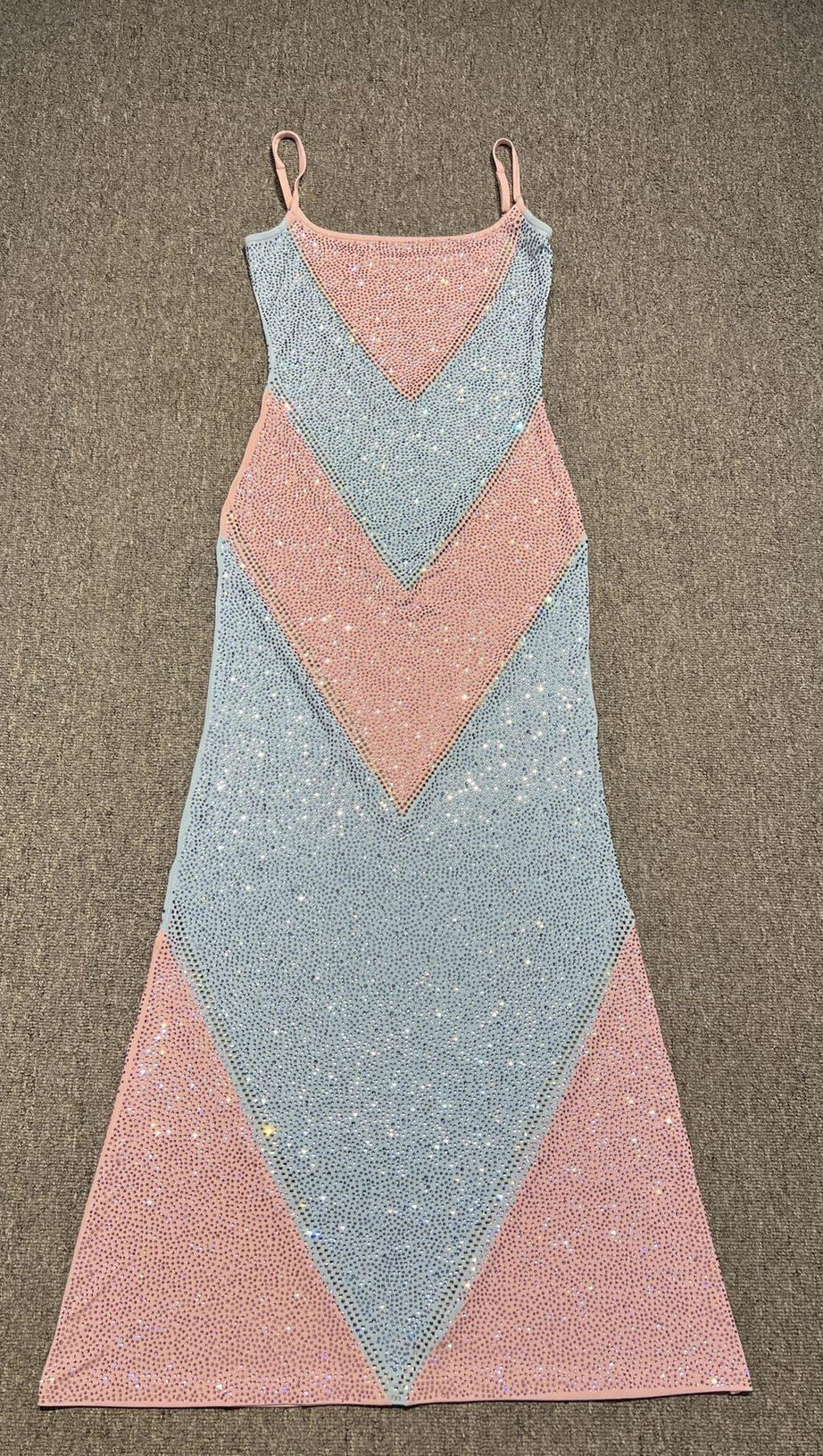 simona fully rhinestoned bodycon maxi dress - blue & pink