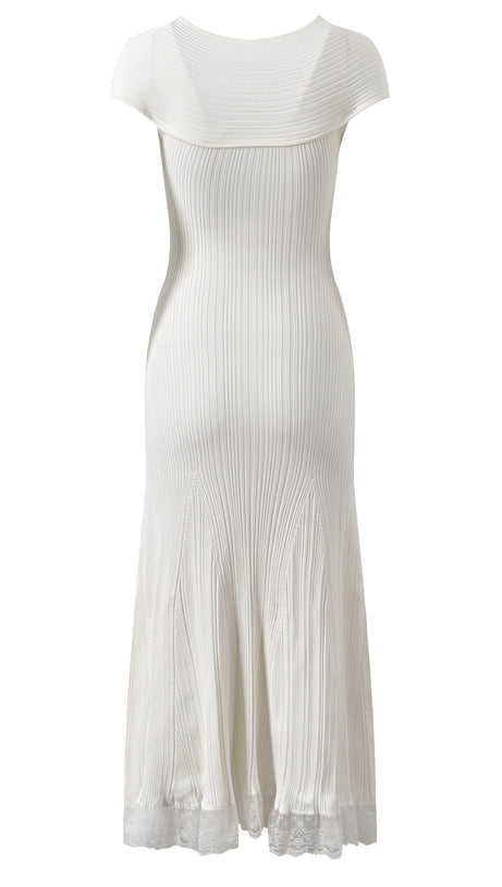 Weißes Midikleid aus Strick mit Spitzeneinsatz