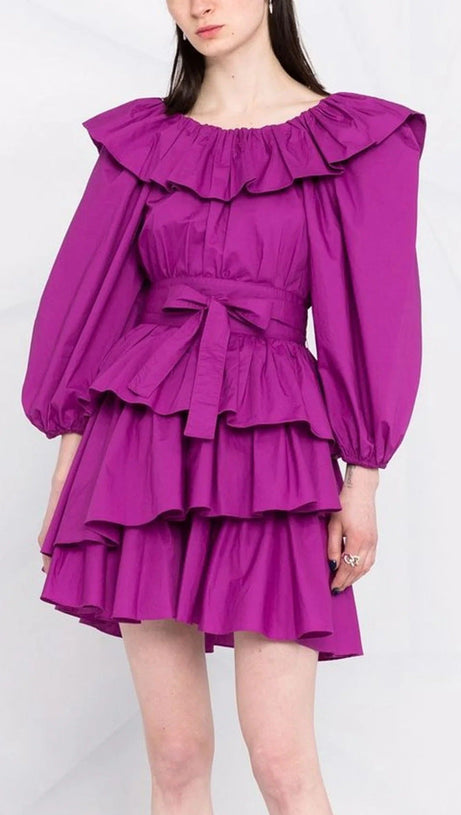 MURRAY PUFF SLEEVE RUFFLE LAYER MINI DRESS IN PURPLE