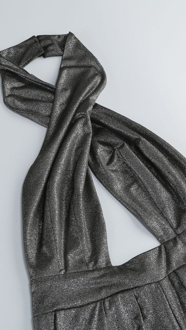 AIIZIE MIRABELLE HALTER JUMPSUIT IN BLACK SILVER - product image