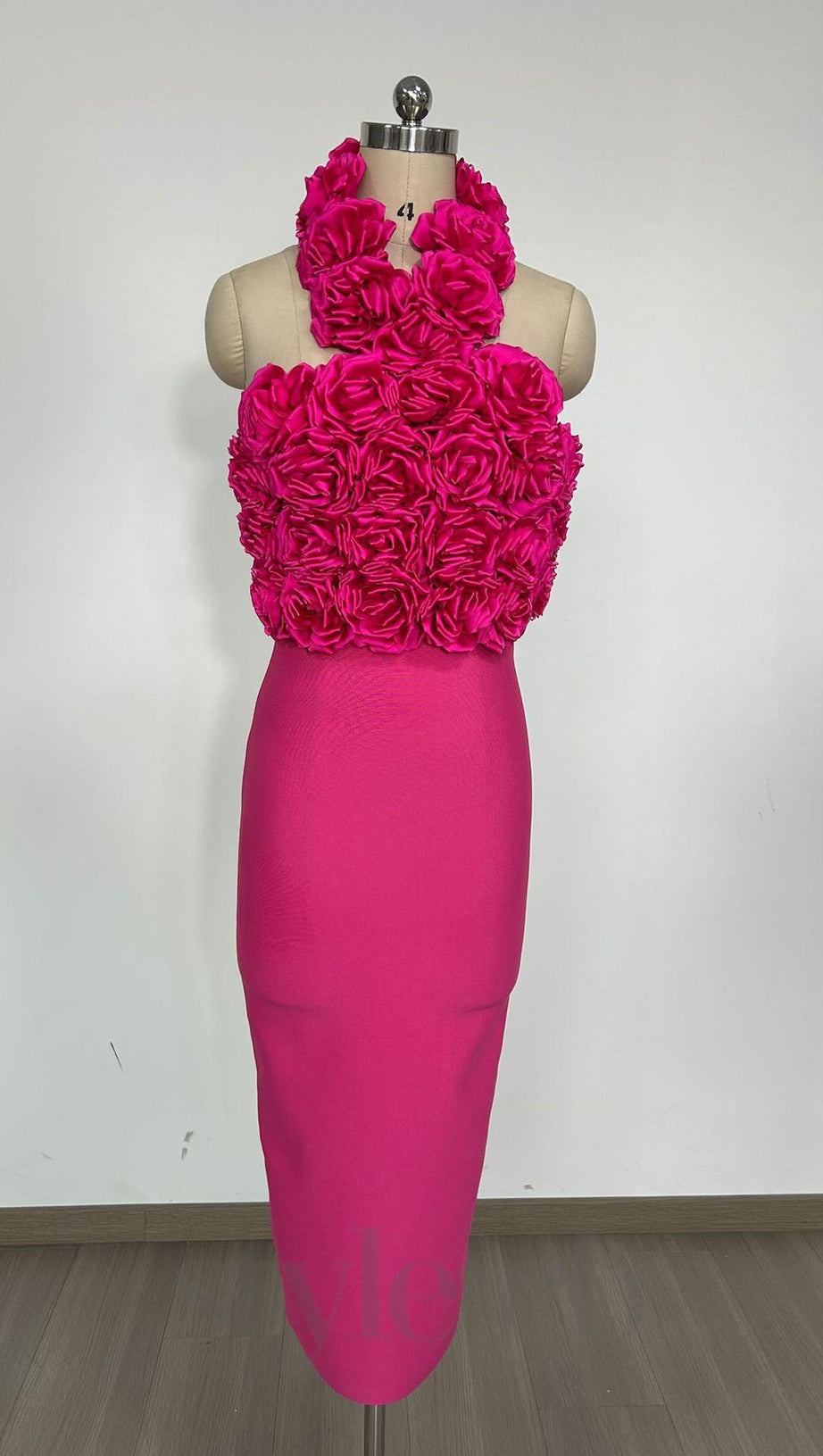 ABITO MIDI CON FASCE A FIORI ROSA SCURO