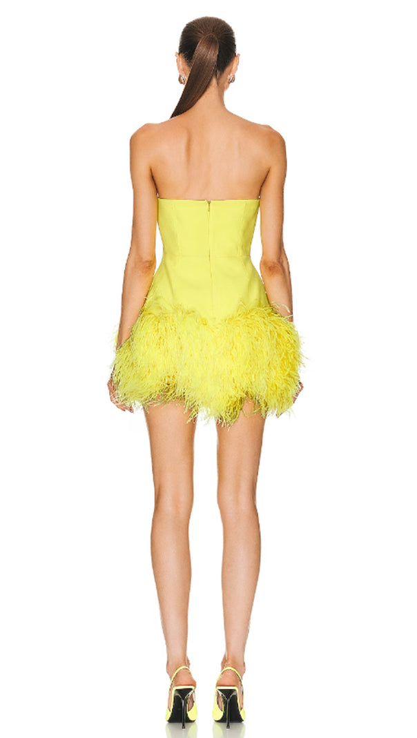 AIIZIE DEEP V TUBE TOP OSTRICH FEATHER HIP-WRAPPED MINI DRESS YELLOW - product image