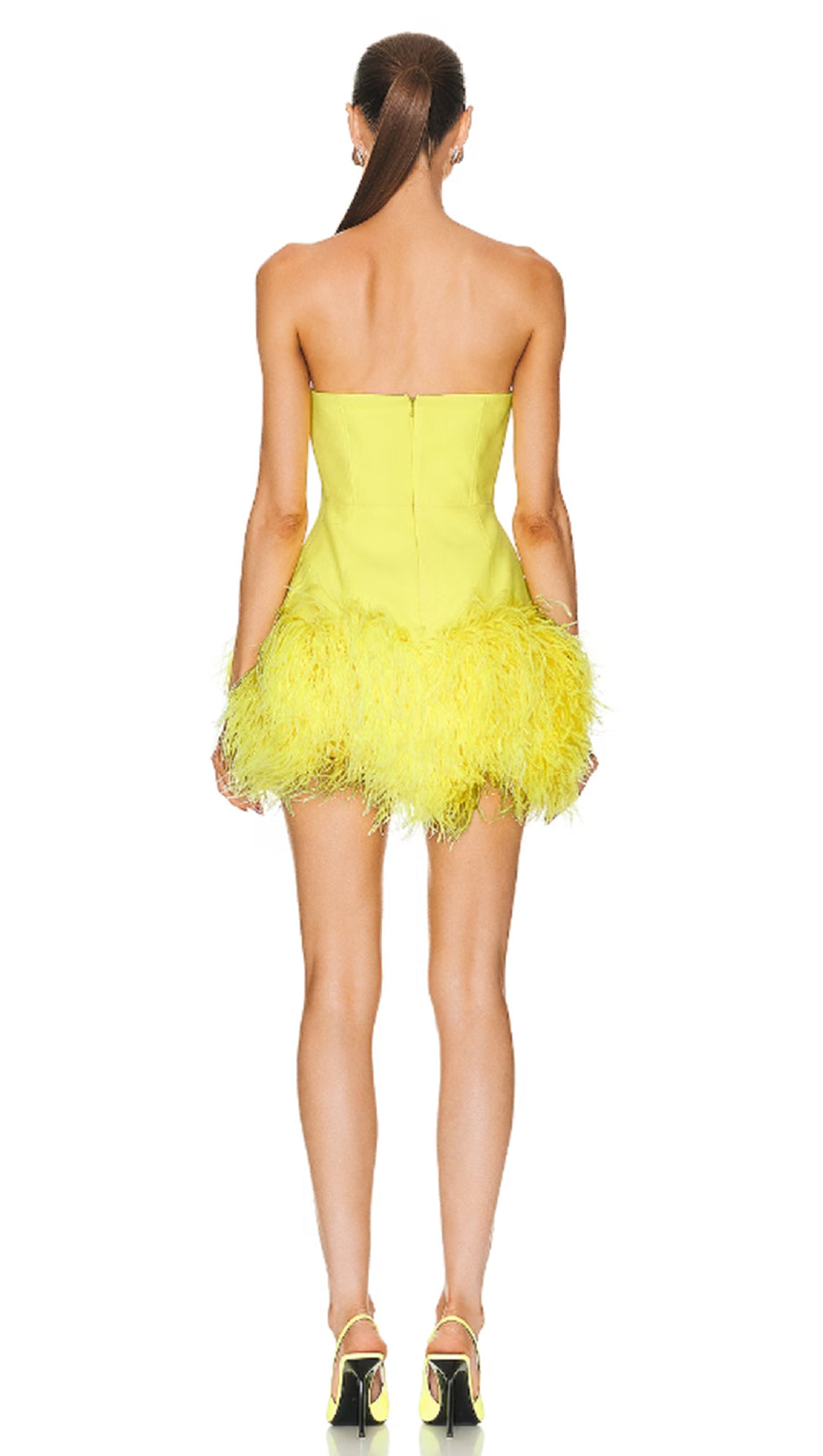 DEEP V TUBE TOP OSTRICH FEATHER HIP-WRAPPED MINI DRESS YELLOW
