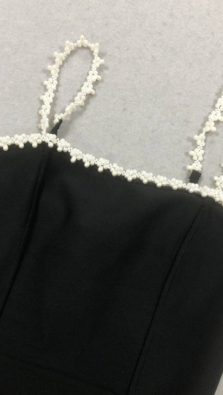 PEARL EMBELLISHED STRAP MINI DRESS IN BLACK