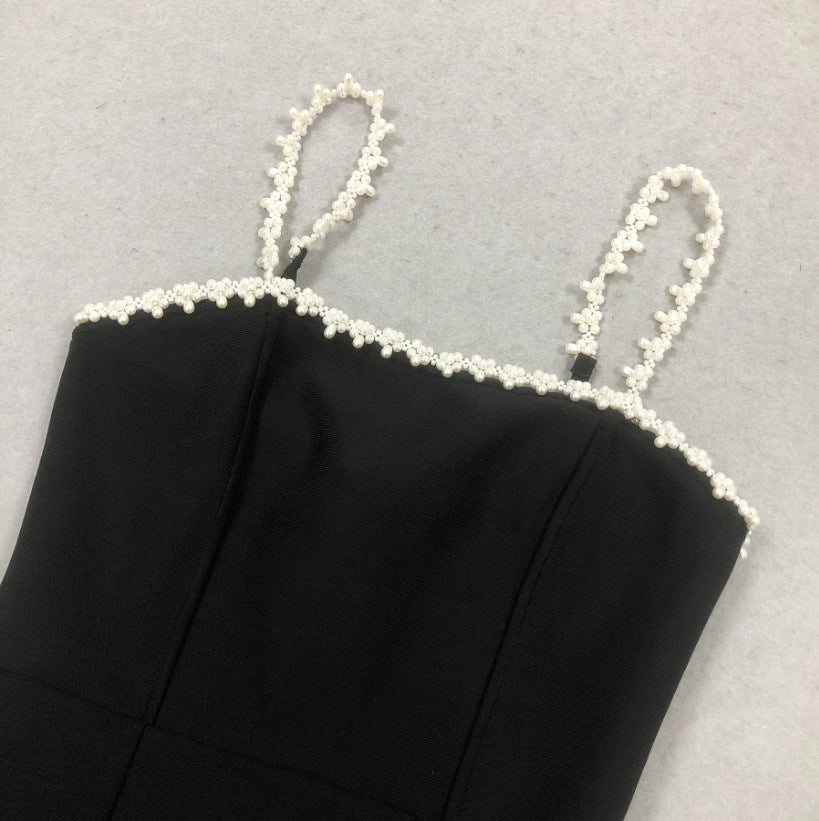 AIIZIE PEARL EMBELLISHED STRAP MINI DRESS IN BLACK - product image