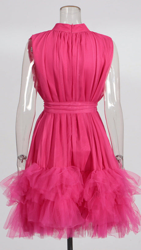 HALF-HIGH-NECKLINE TULLE MINI DRESS IN PINK