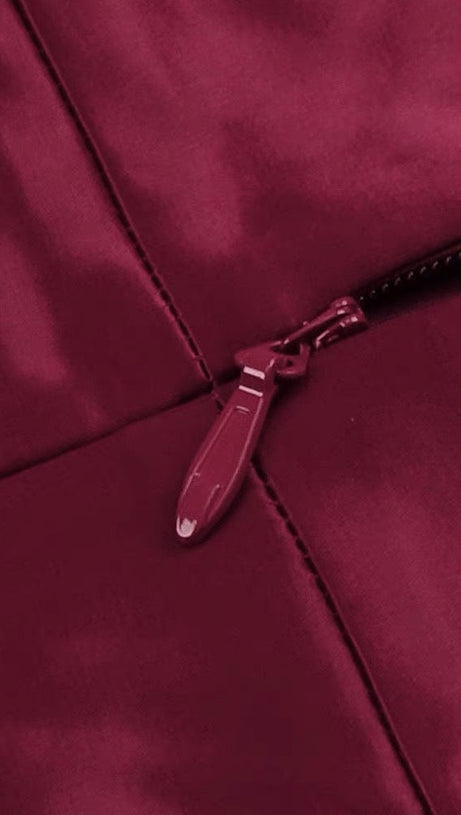 BURGUNDY FEATHER EMBELLISHED STRAPLESS MINI DRESS