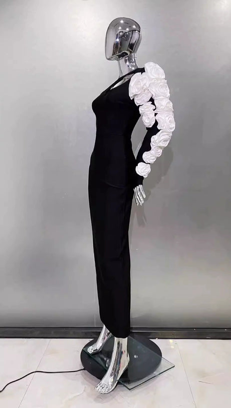 ONE SHOULDER FLOWER EMBELLISHED CUTOUT BANDAGE MAXI DRESS IN BLACK