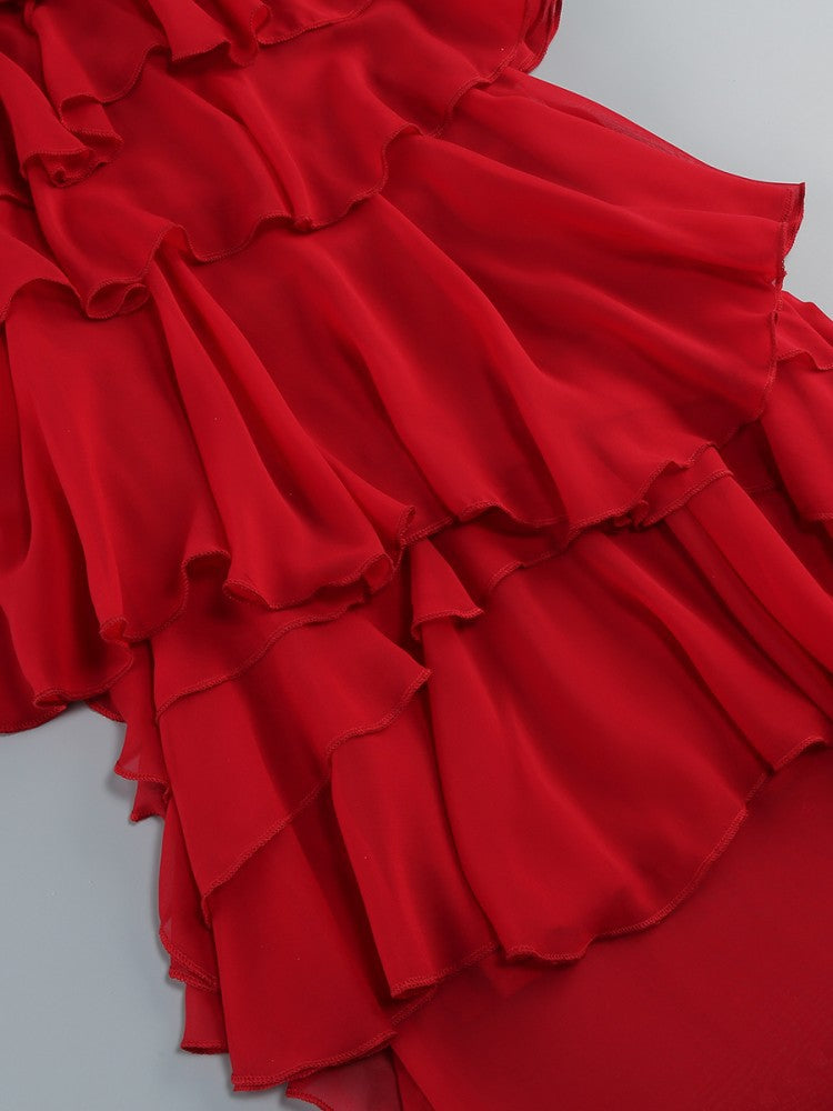 Eunice – Rotes Chiffon-Midikleid mit Neckholder und Rüschen