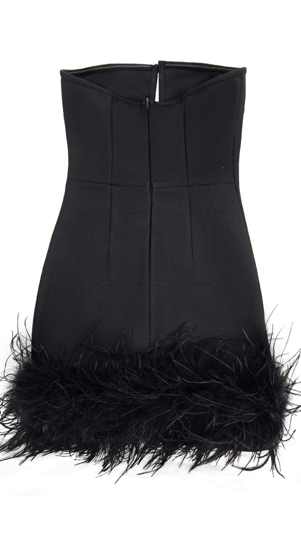 AIIZIE DEEP V TUBE TOP OSTRICH FEATHER HIP-WRAPPED MINI DRESS BLACK - product image