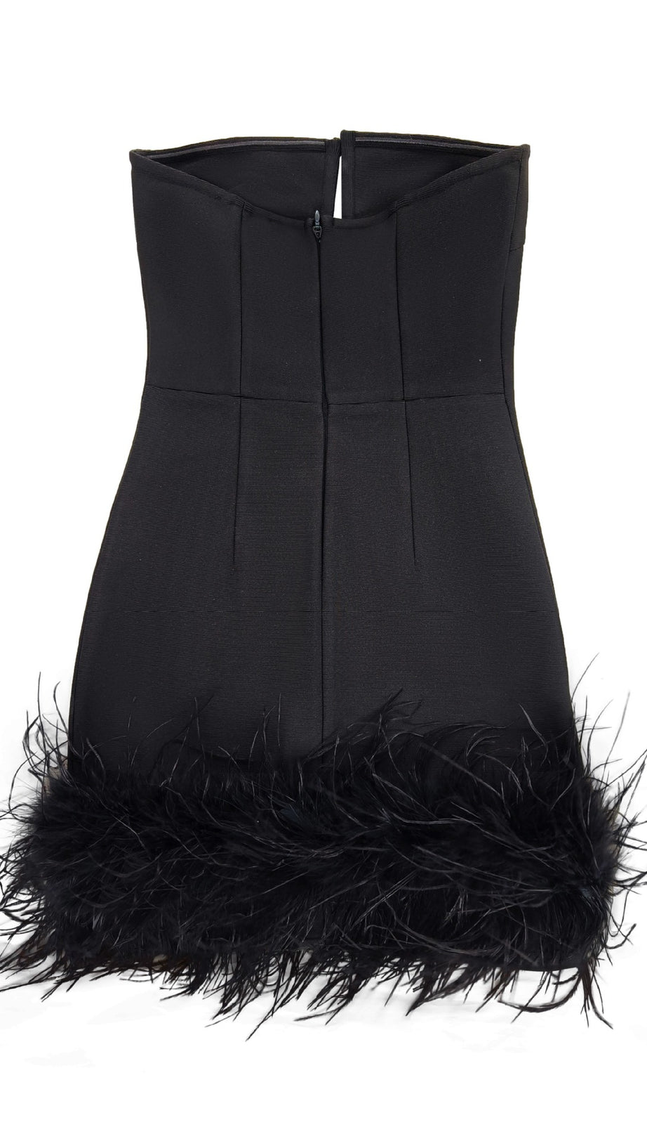 DEEP V TUBE TOP OSTRICH FEATHER HIP-WRAPPED MINI DRESS BLACK