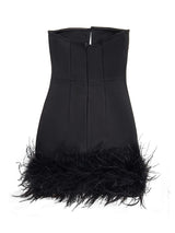 Deep V tube top ostrich feather hip-wrapped mini dress black